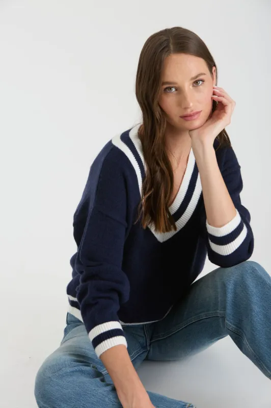 CONTRAST LINE V NECK LONG SLEEVE KNIT SWEATER sold by Blu Pepper