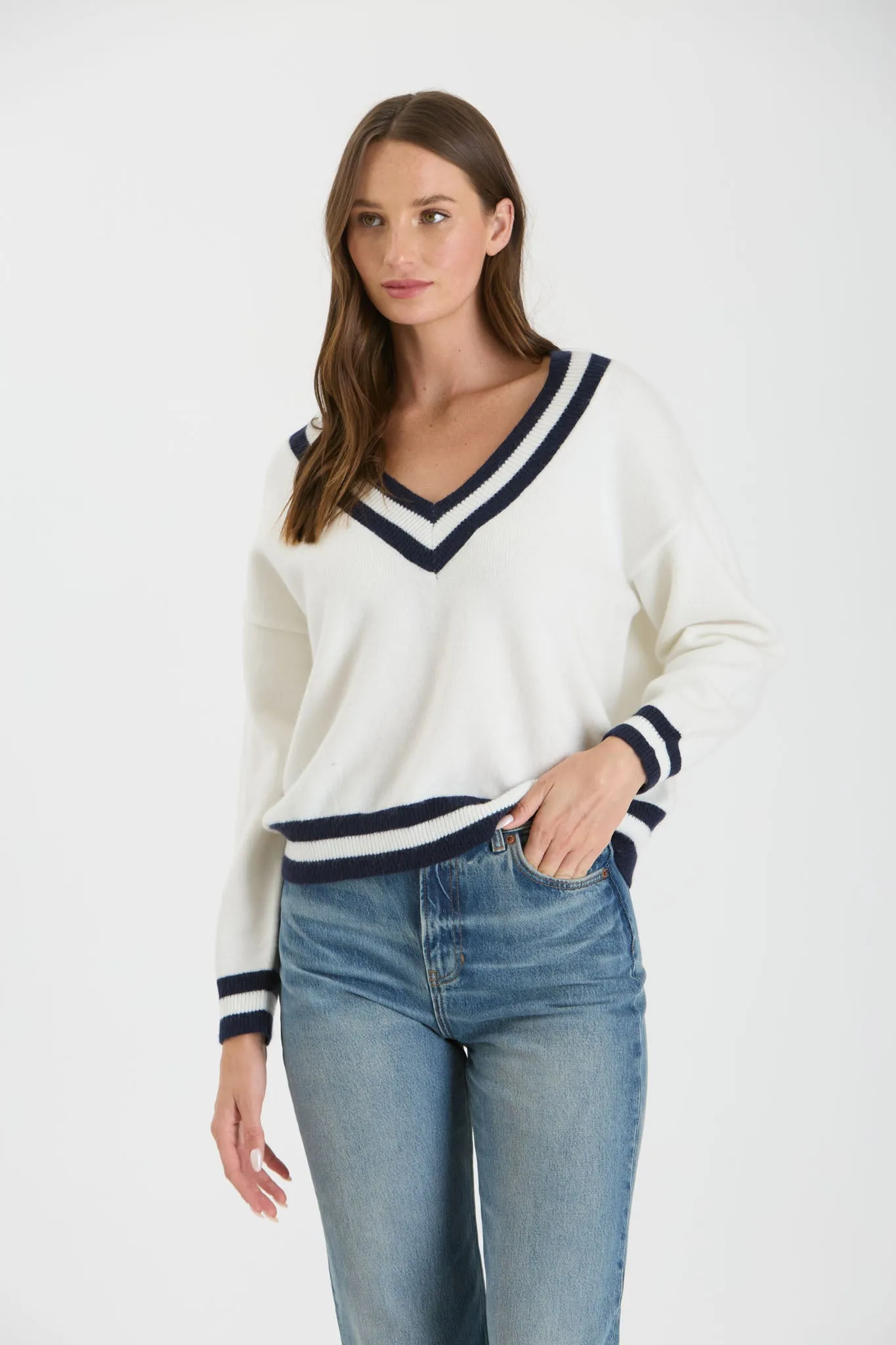 CONTRAST LINE V NECK LONG SLEEVE KNIT SWEATER sold by Blu Pepper product image thumbnail 4