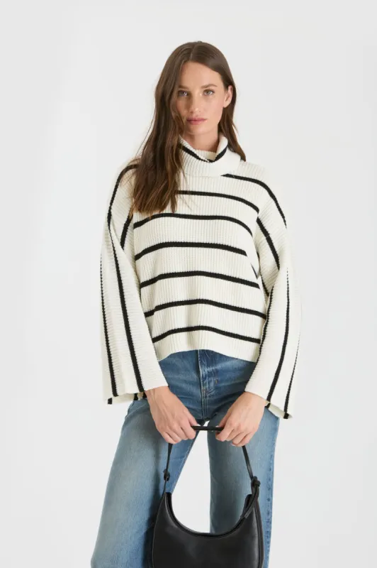 STRIPE TURTLENECK LONG WIDE SLEEVE KNIT SWEATER sold by Blu Pepper