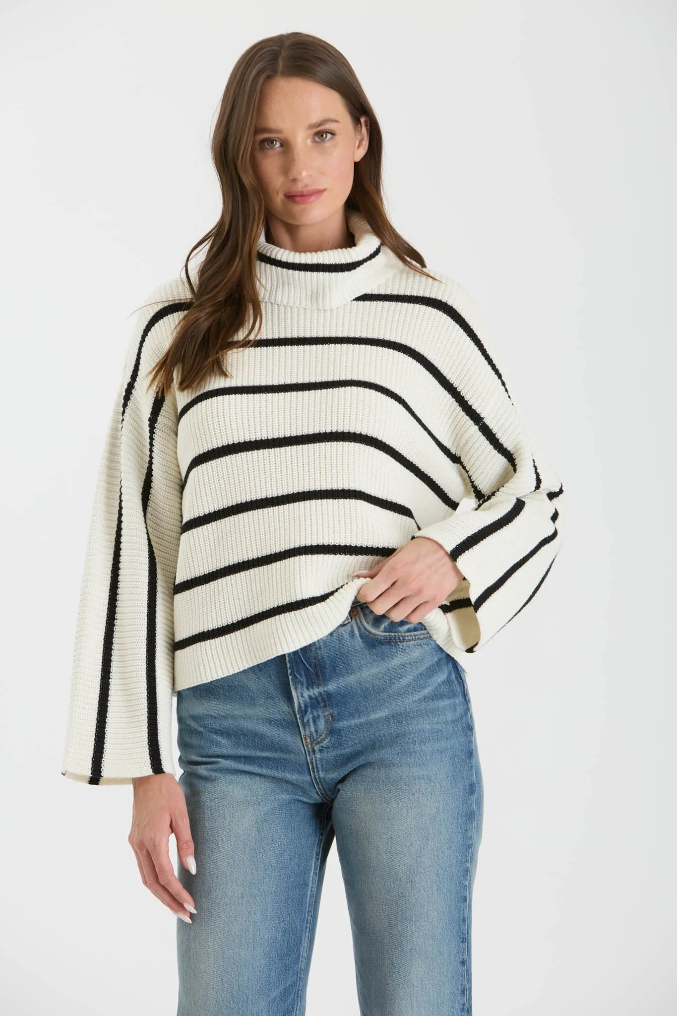 STRIPE TURTLENECK LONG WIDE SLEEVE KNIT SWEATER sold by Blu Pepper product image thumbnail 4