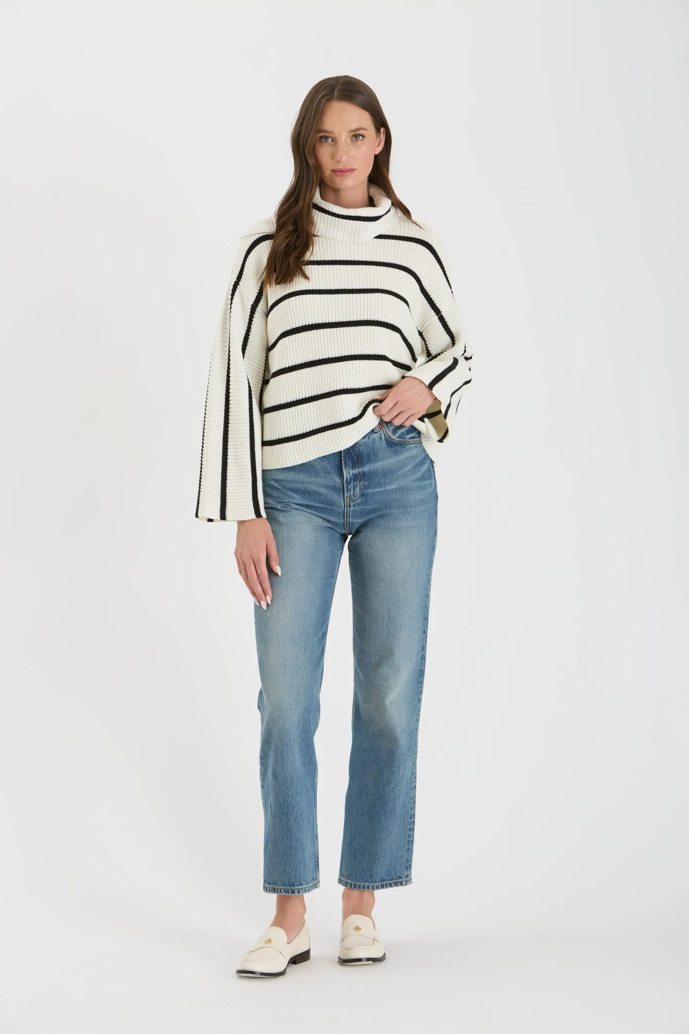 STRIPE TURTLENECK LONG WIDE SLEEVE KNIT SWEATER sold by Blu Pepper product image thumbnail 5