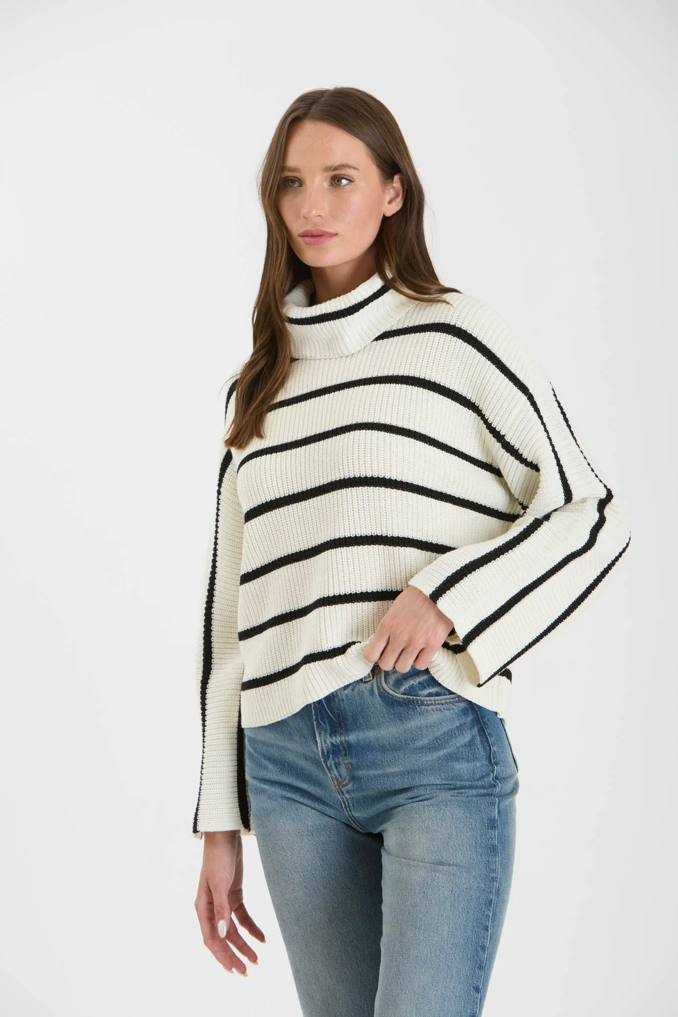 STRIPE TURTLENECK LONG WIDE SLEEVE KNIT SWEATER sold by Blu Pepper product image thumbnail 3