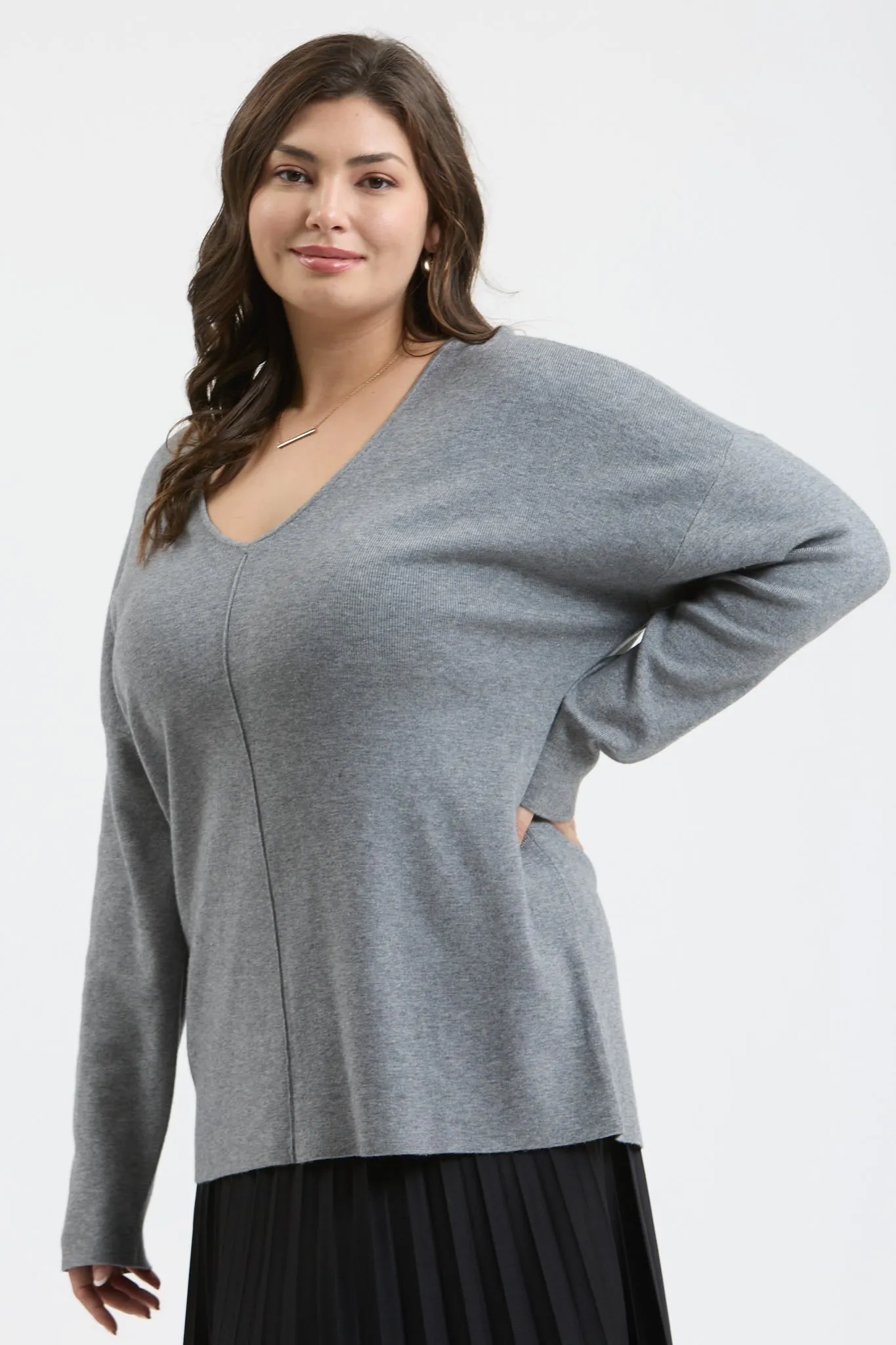 PLUS SOLID V NECK FRONT SEAM KNIT SWEATER sold by Blu Pepper product image thumbnail 5