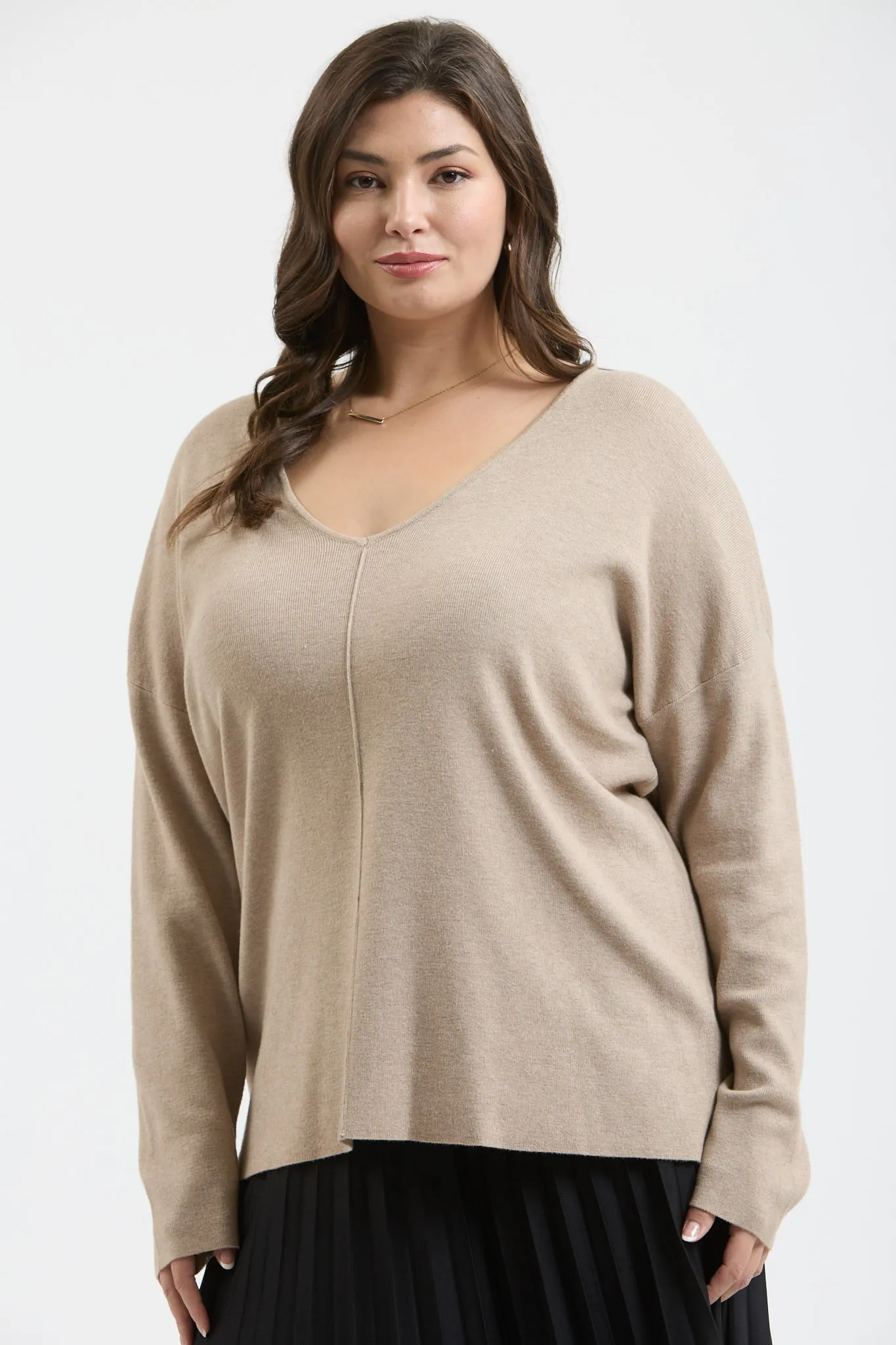 PLUS SOLID V NECK FRONT SEAM KNIT SWEATER sold by Blu Pepper