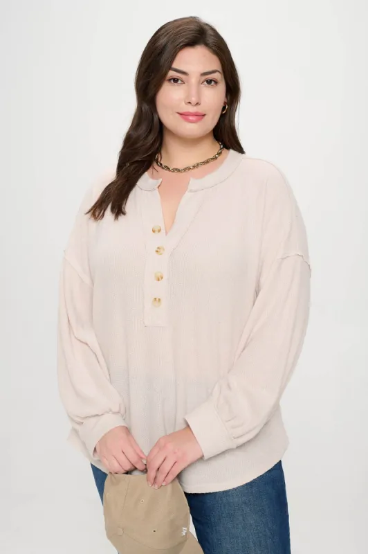 PLUS V NECK HALF BUTTON LONG SLEEVE KNIT TOP sold by Blu Pepper