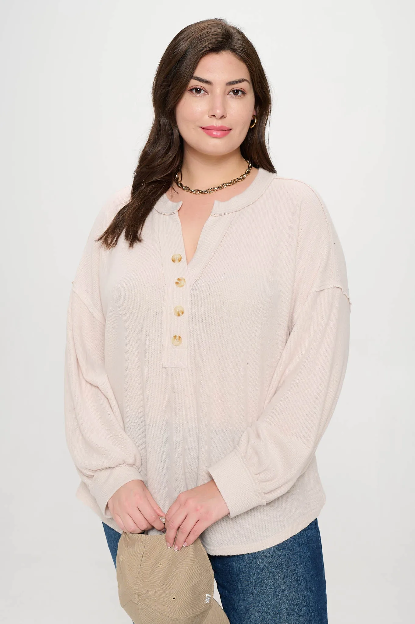 PLUS V NECK HALF BUTTON LONG SLEEVE KNIT TOP sold by Blu Pepper