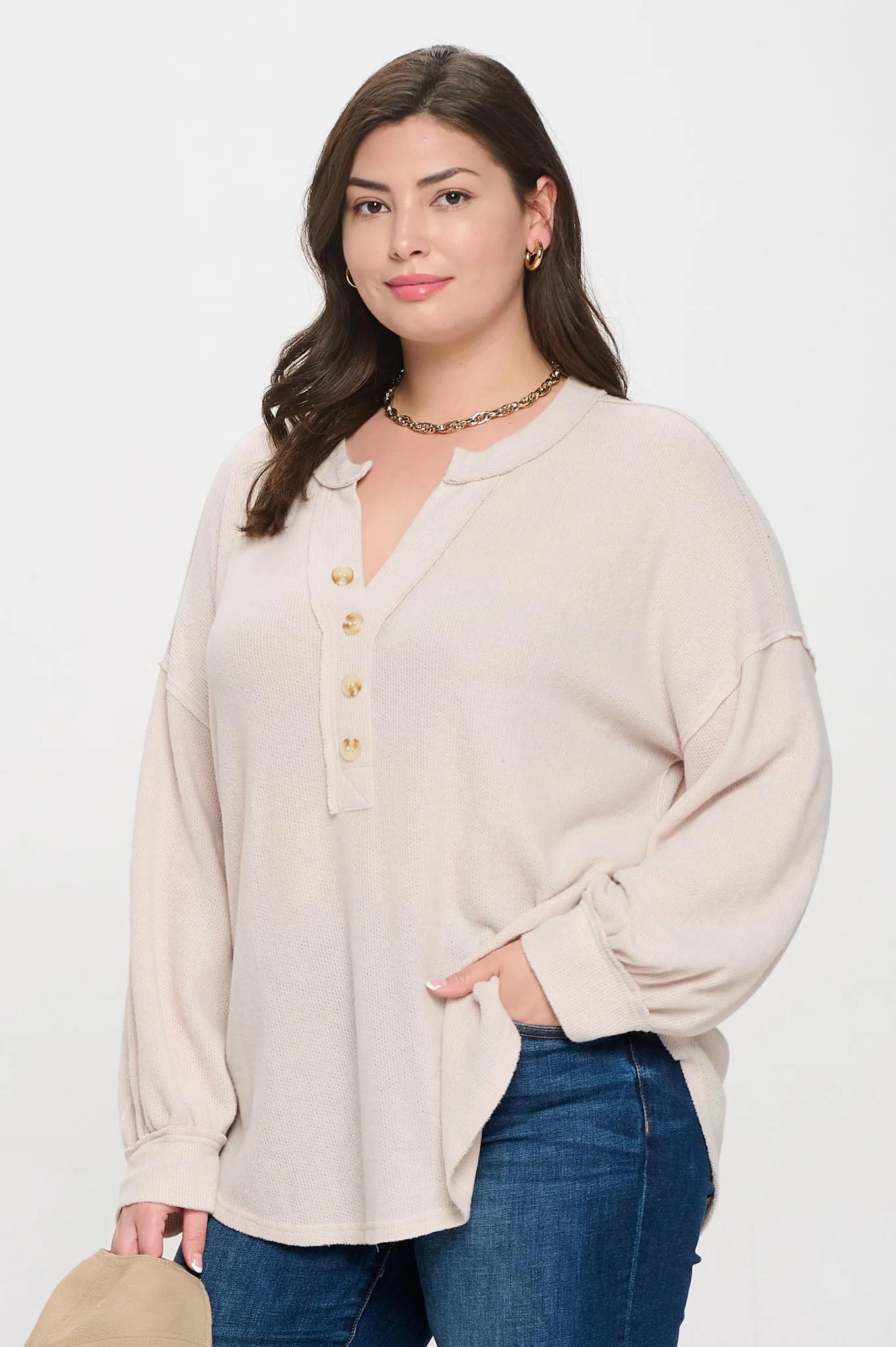 PLUS V NECK HALF BUTTON LONG SLEEVE KNIT TOP sold by Blu Pepper product image thumbnail 3