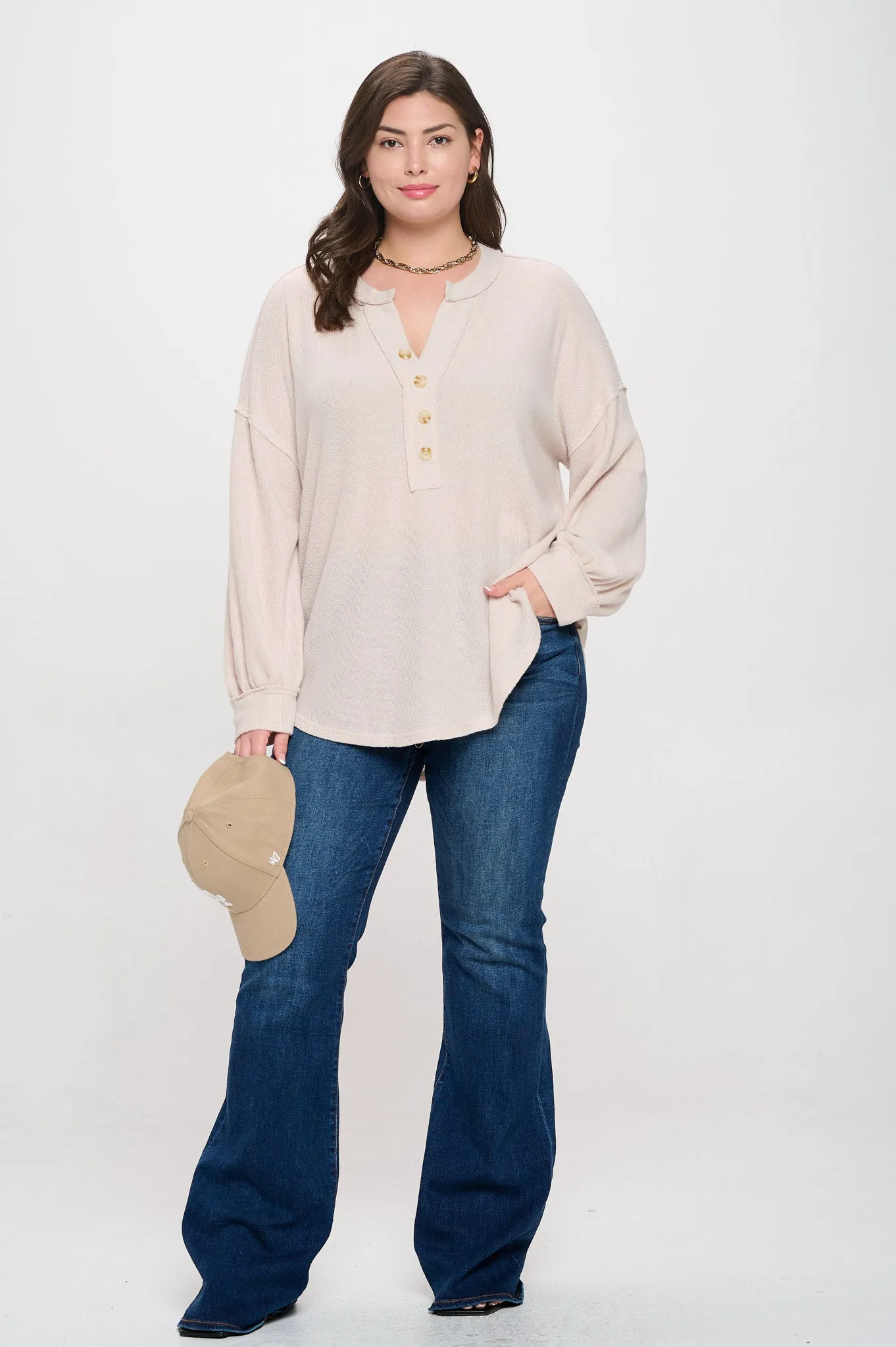 PLUS V NECK HALF BUTTON LONG SLEEVE KNIT TOP sold by Blu Pepper product image thumbnail 5