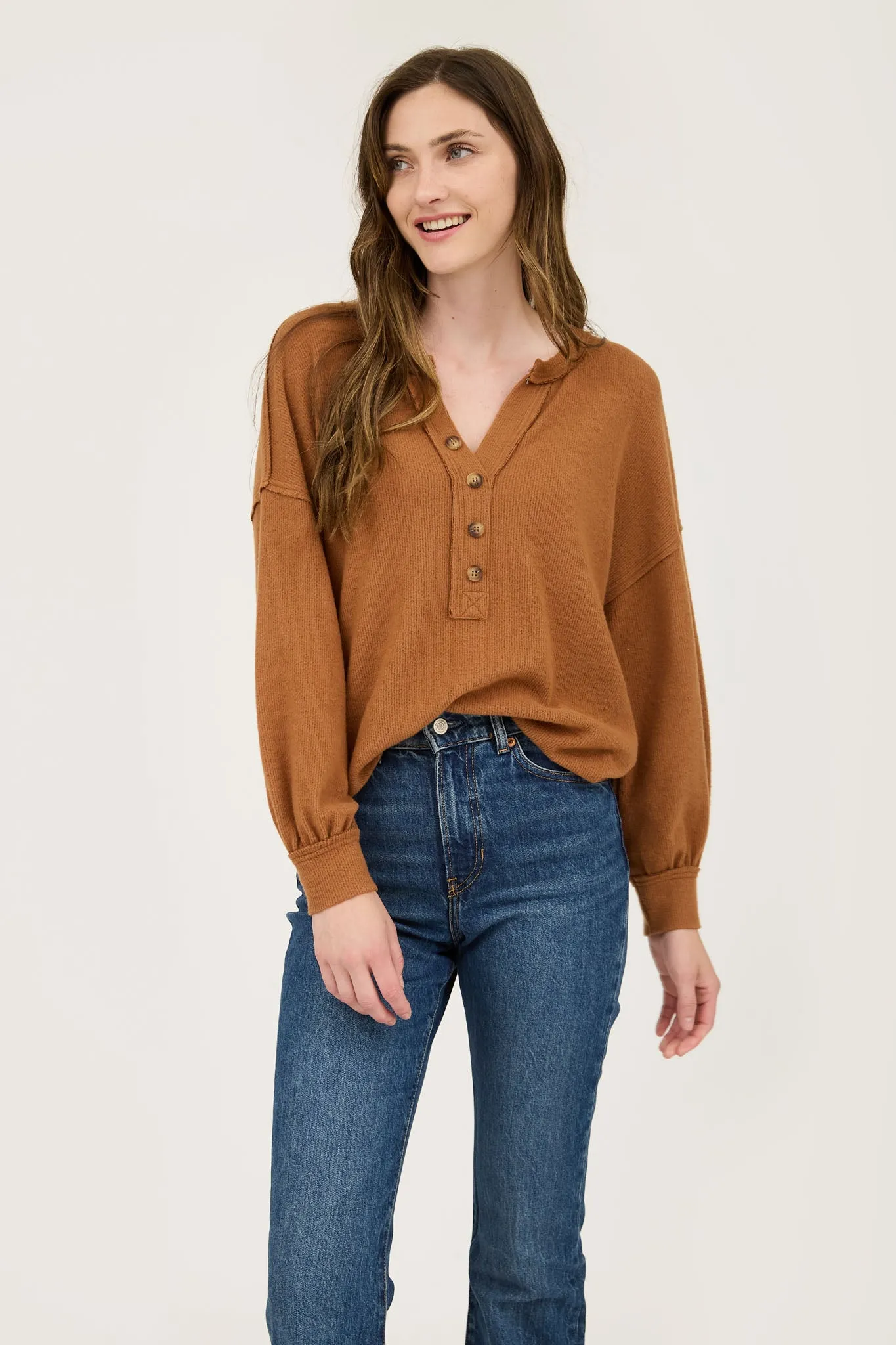 V NECK HALF BUTTON LONG SLEEVE KNIT TOP sold by Blu Pepper
