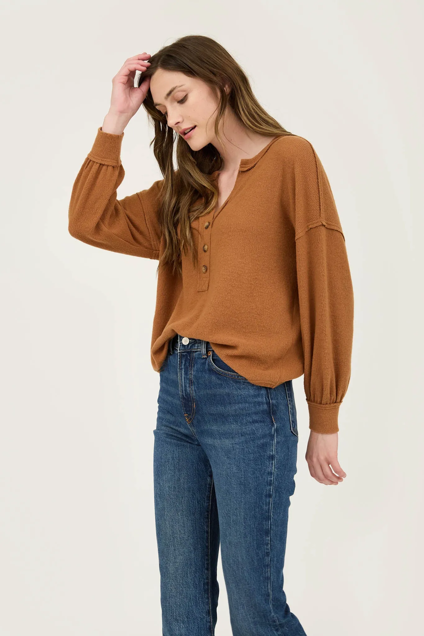 V NECK HALF BUTTON LONG SLEEVE KNIT TOP sold by Blu Pepper product image thumbnail 3