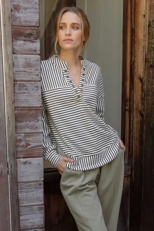 STRIPE SPLICED GROMMET LONG SLEEVE KNIT TOP sold by Blu Pepper