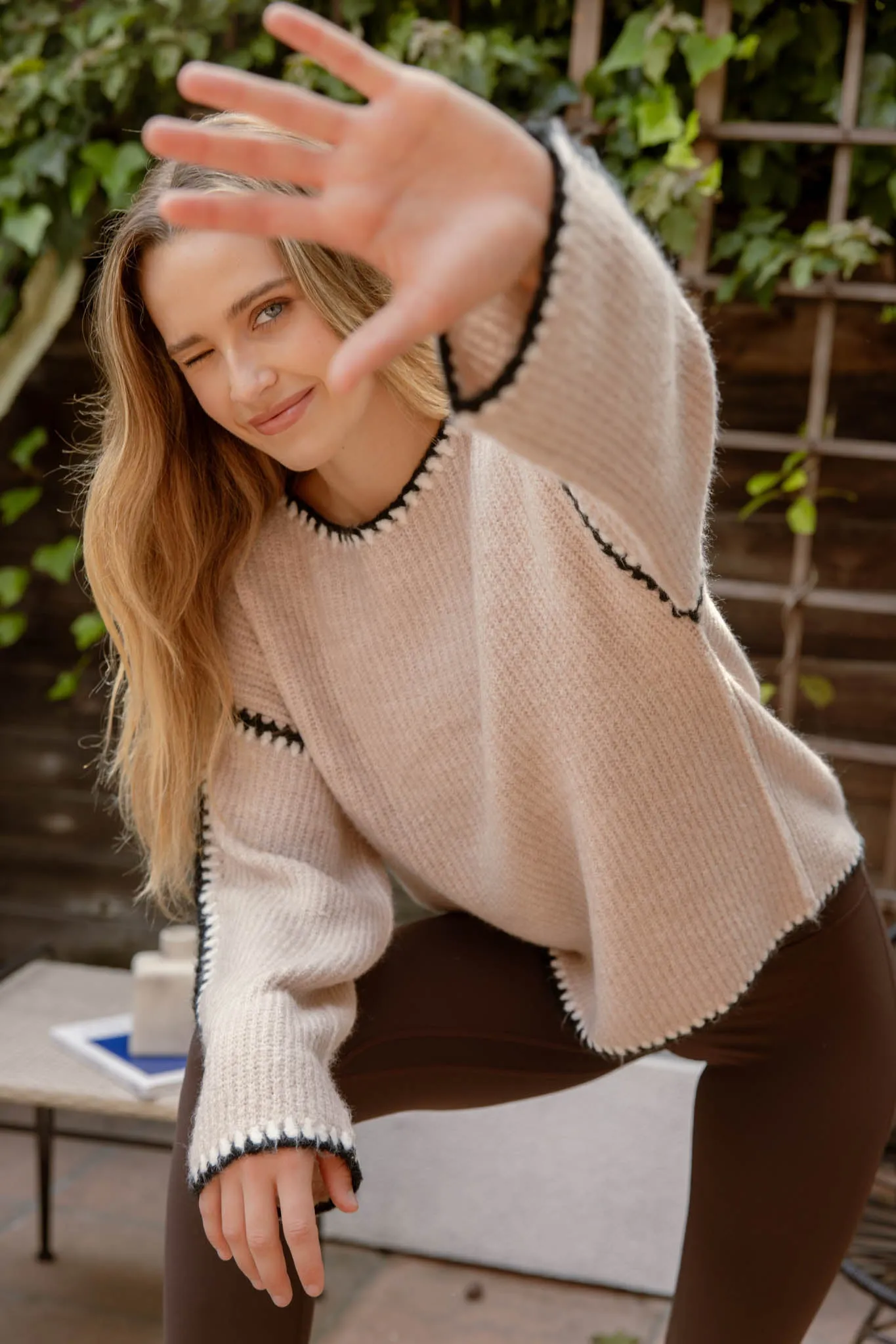 CONTRAST STITCH LONG SLEEVE KNIT SWEATER sold by Blu Pepper