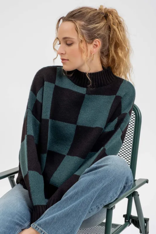 CHECKERED MOCK NECK KNIT PULLOVER SWEATER sold by Blu Pepper