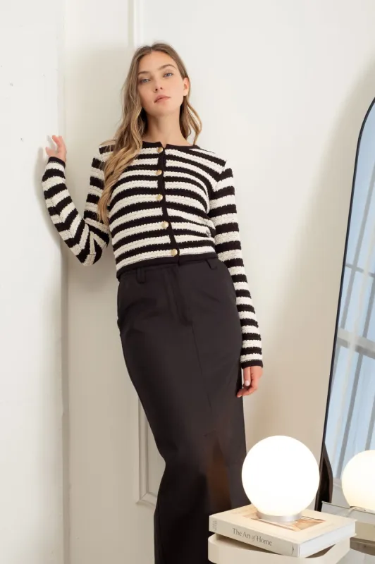 STRIPE CROCHET KNIT BUTTON DOWN CARDIGAN sold by Blu Pepper