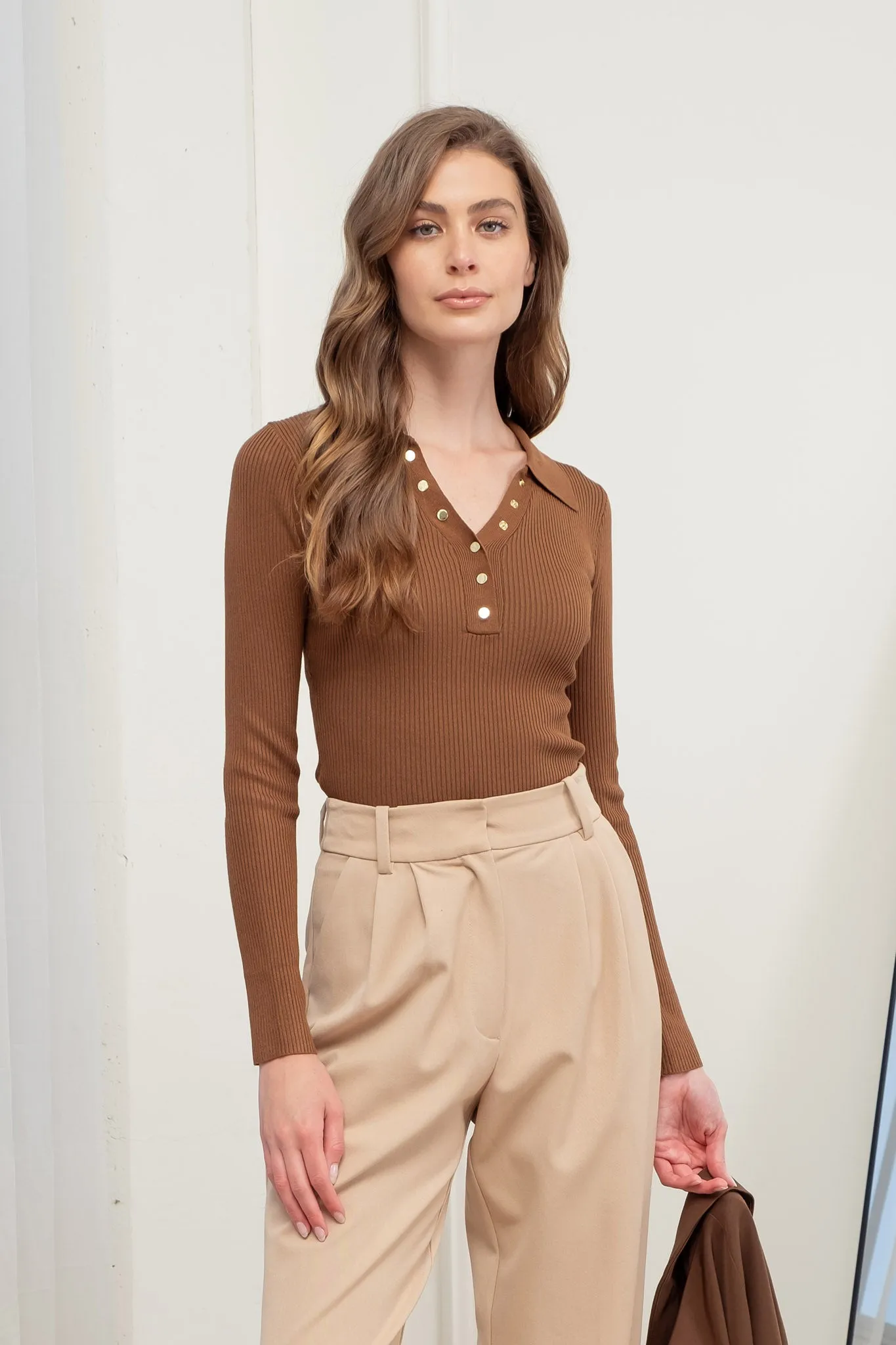 COLLARED GOLD SNAP BUTTON LONG SLEEVE SWEATER KNIT sold by Blu Pepper product image thumbnail 5