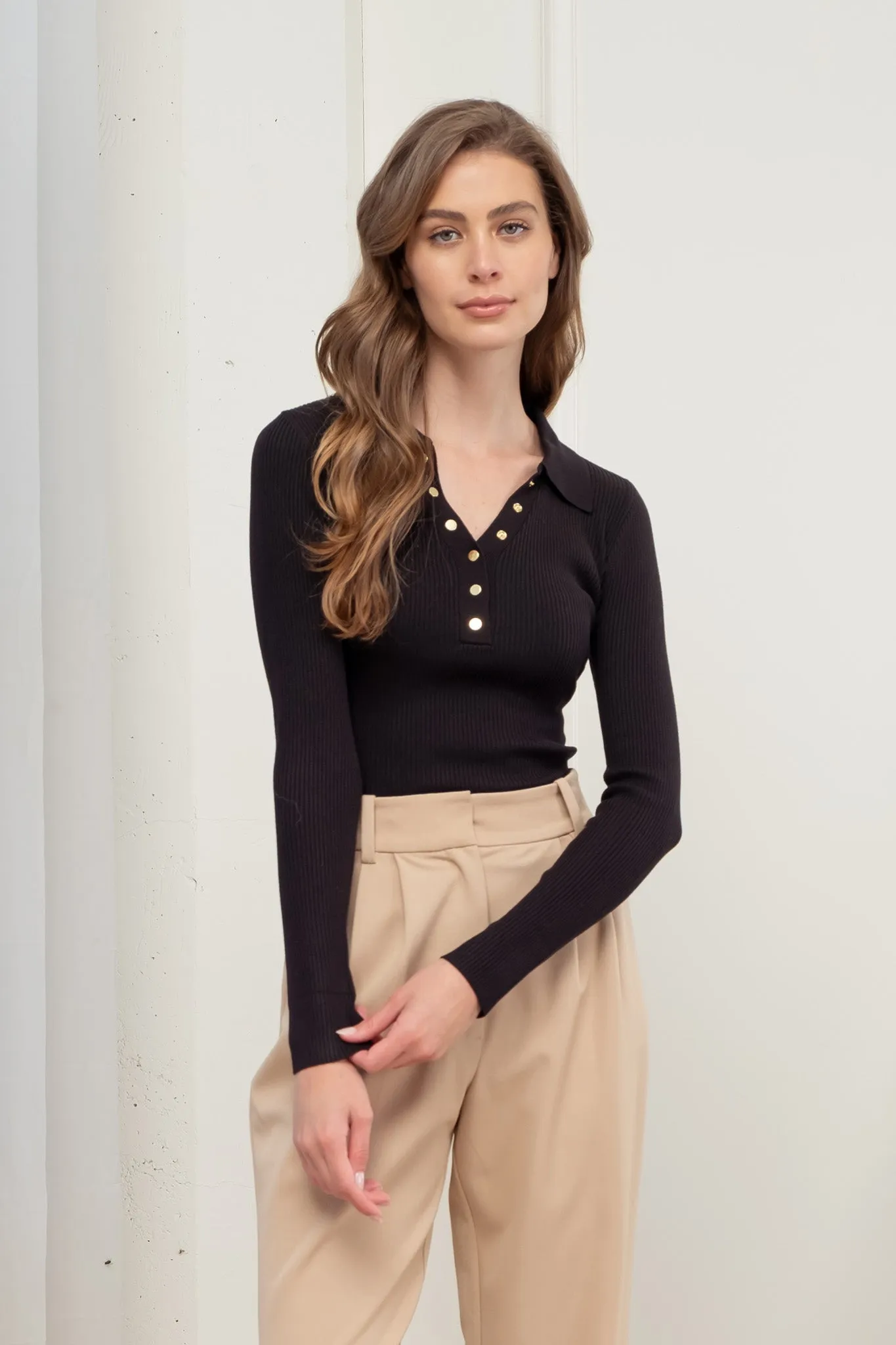 COLLARED GOLD SNAP BUTTON LONG SLEEVE SWEATER KNIT sold by Blu Pepper product image thumbnail 4