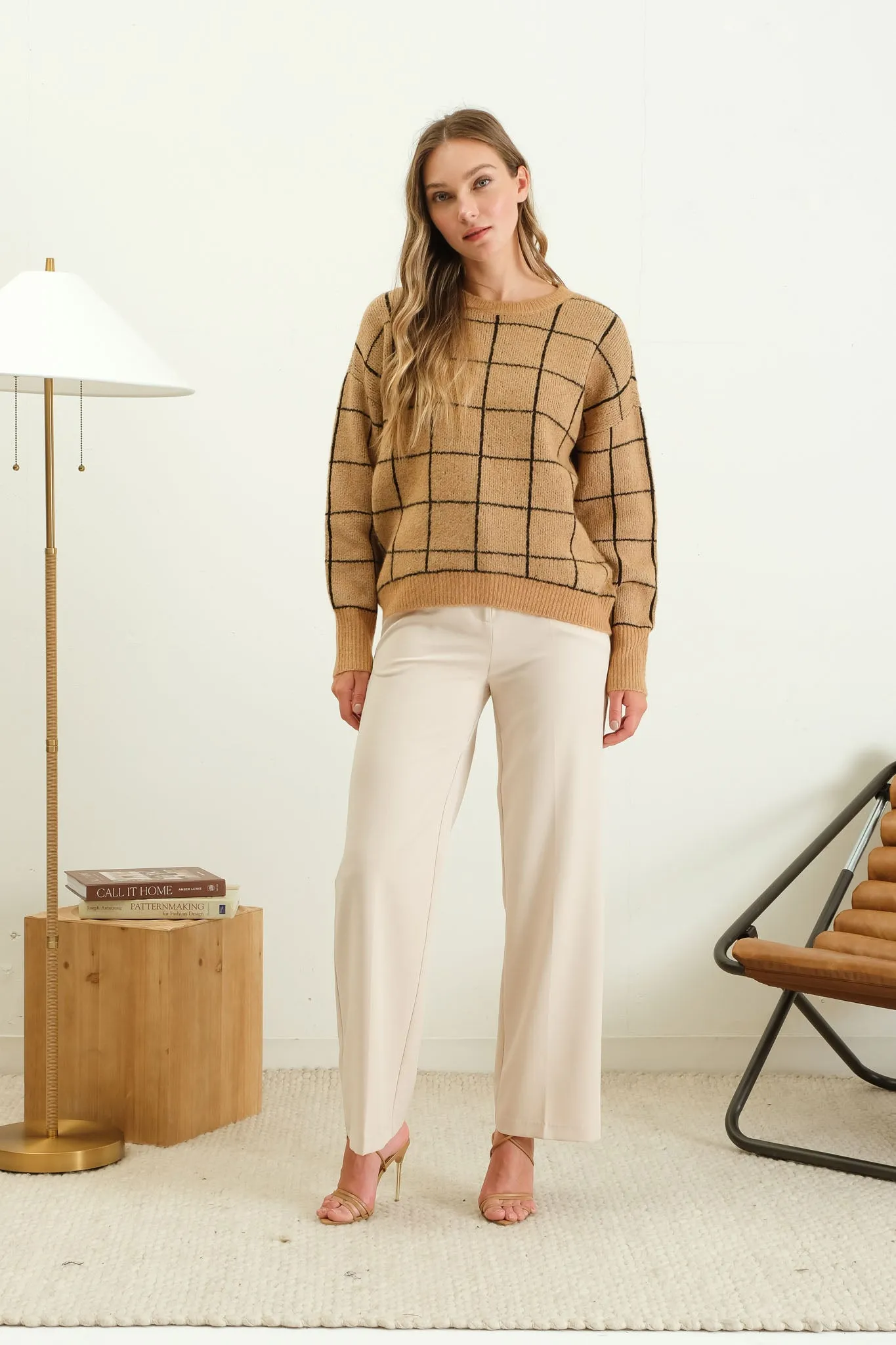GRID PRINT CREW NECK KNIT PULLOVER SWEATER sold by Blu Pepper product image thumbnail 5