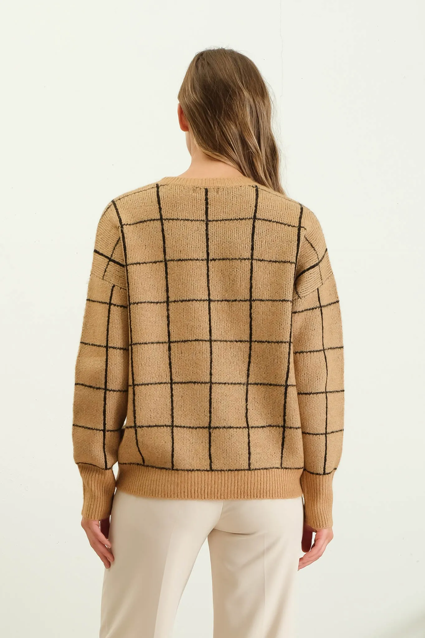 GRID PRINT CREW NECK KNIT PULLOVER SWEATER sold by Blu Pepper product image thumbnail 2