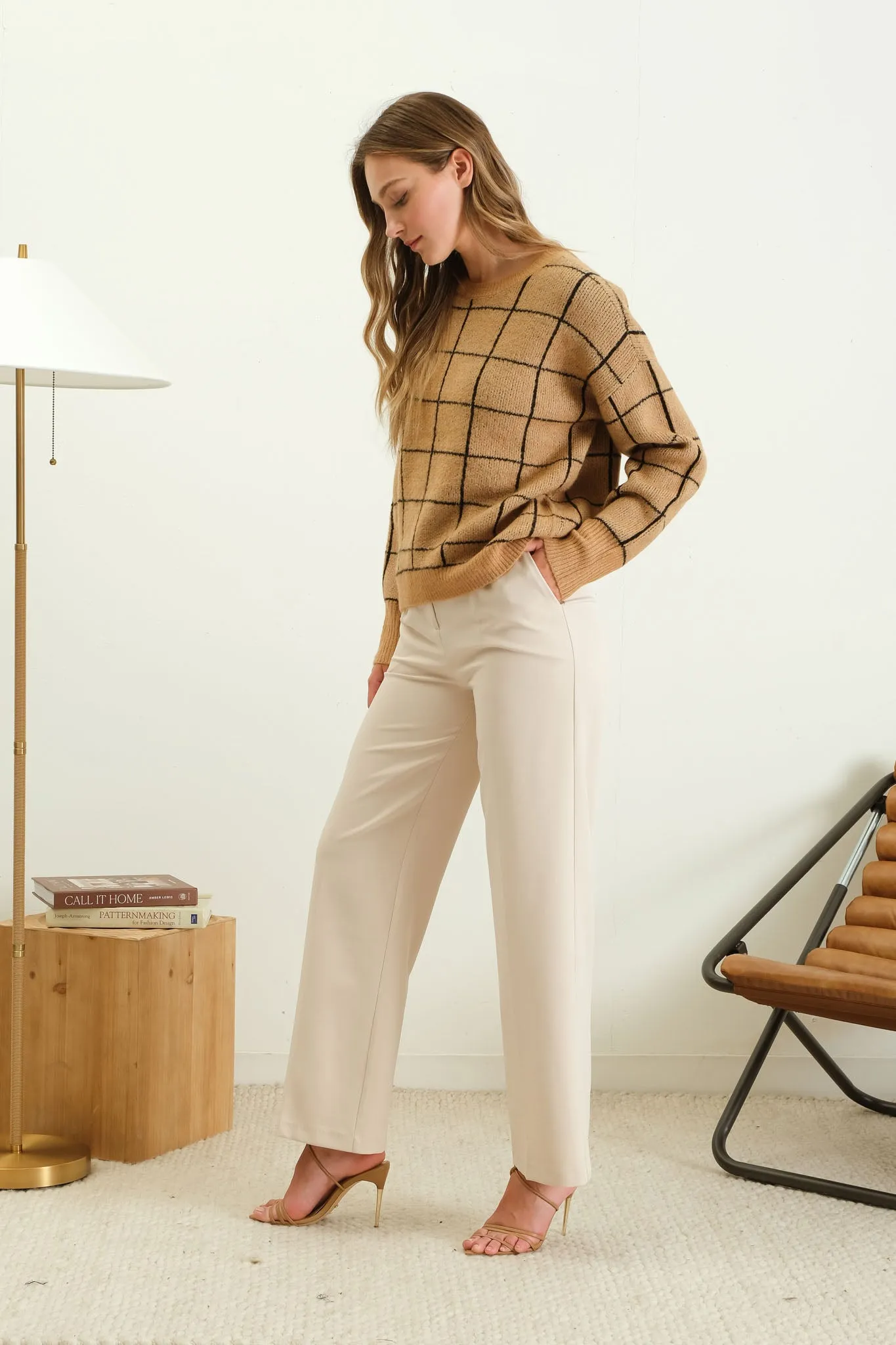 GRID PRINT CREW NECK KNIT PULLOVER SWEATER sold by Blu Pepper product image thumbnail 4