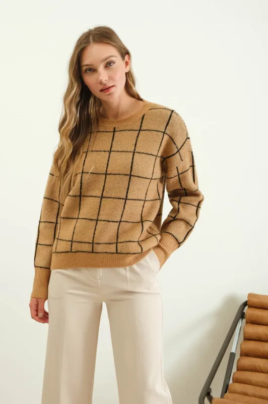 GRID PRINT CREW NECK KNIT PULLOVER SWEATER sold by Blu Pepper