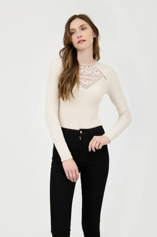 LACE NECK LONG SLEEVE KNIT TOP sold by Blu Pepper