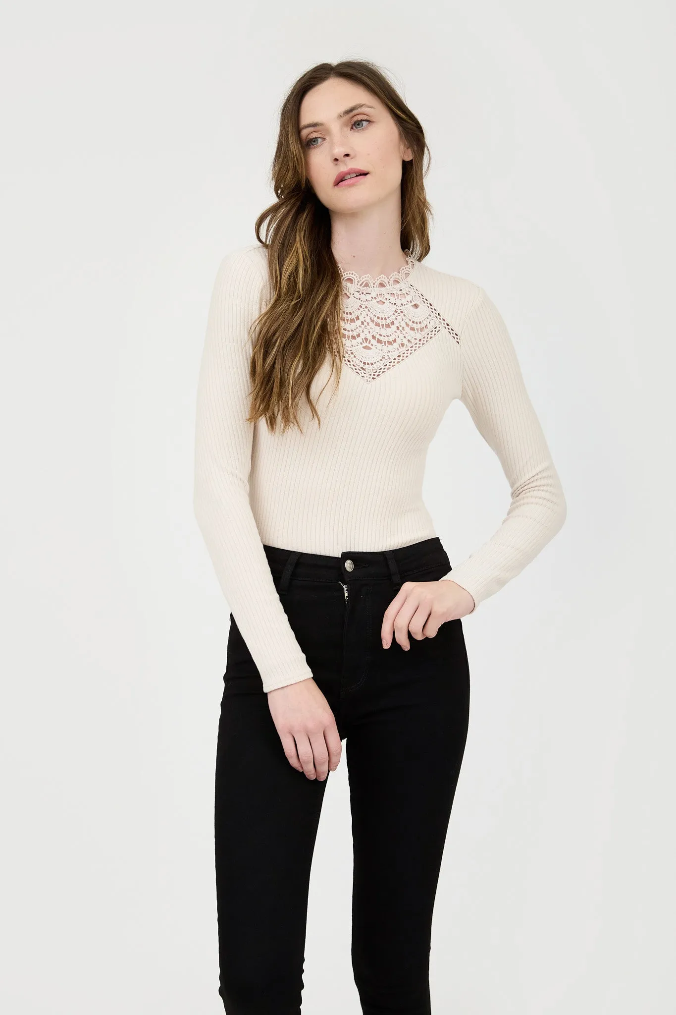 LACE NECK LONG SLEEVE KNIT TOP sold by Blu Pepper