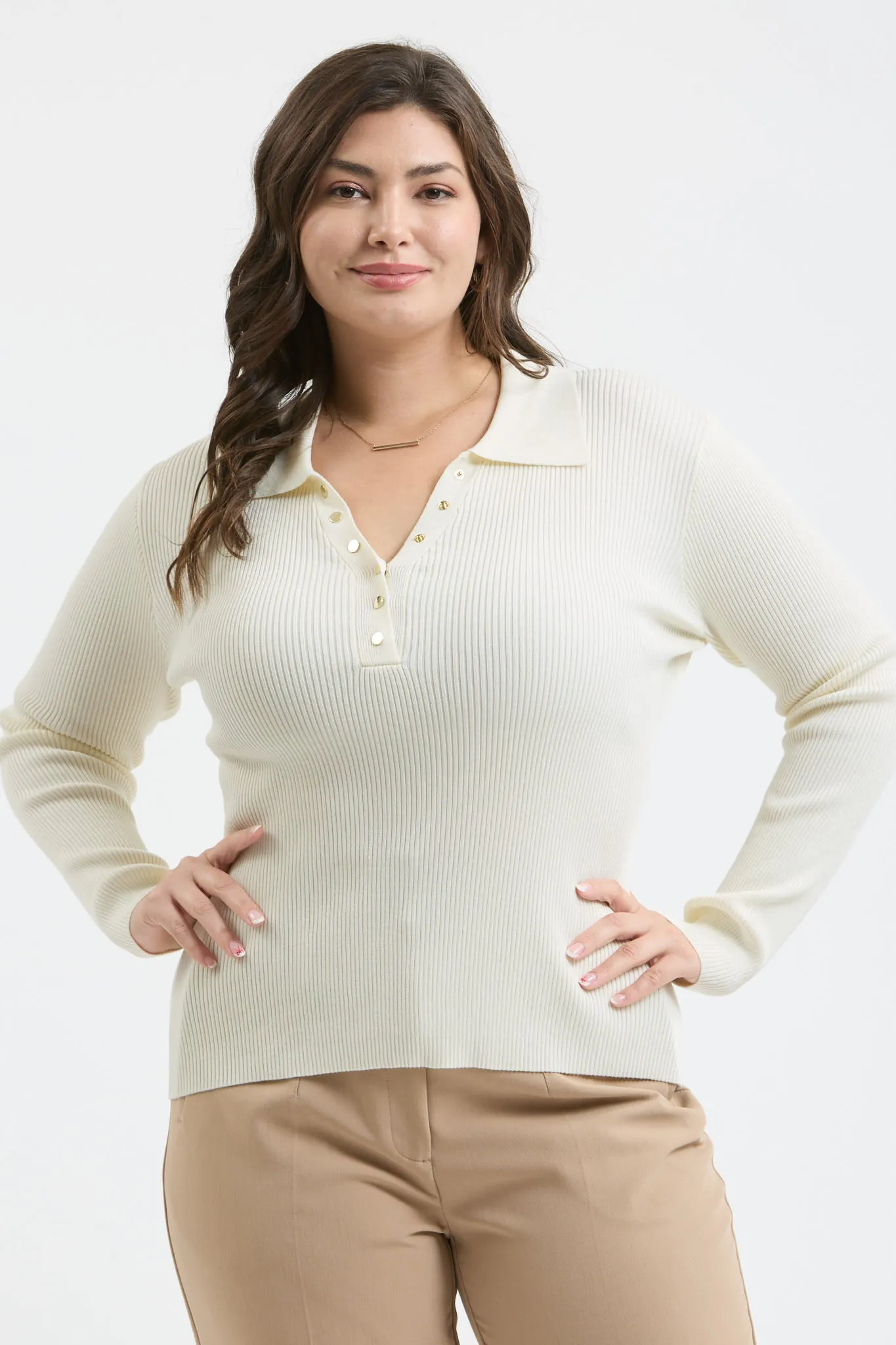 PLUS COLLARED GOLD SNAP BUTTON LONG SLEEVE SWEATER sold by Blu Pepper