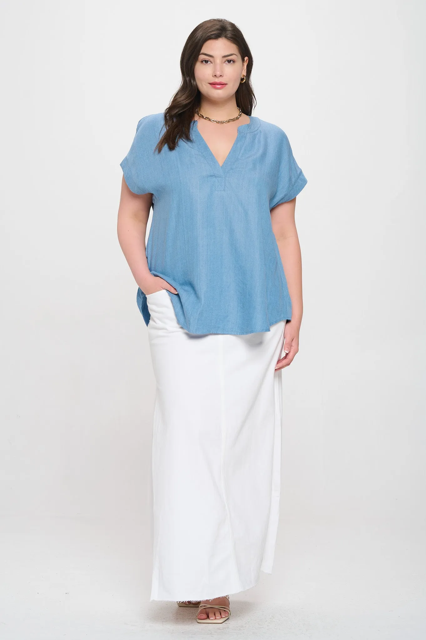 PLUS CHAMBRAY SPLIT NECK SHORT SLEEVE BLOUSE sold by Blu Pepper product image thumbnail 5