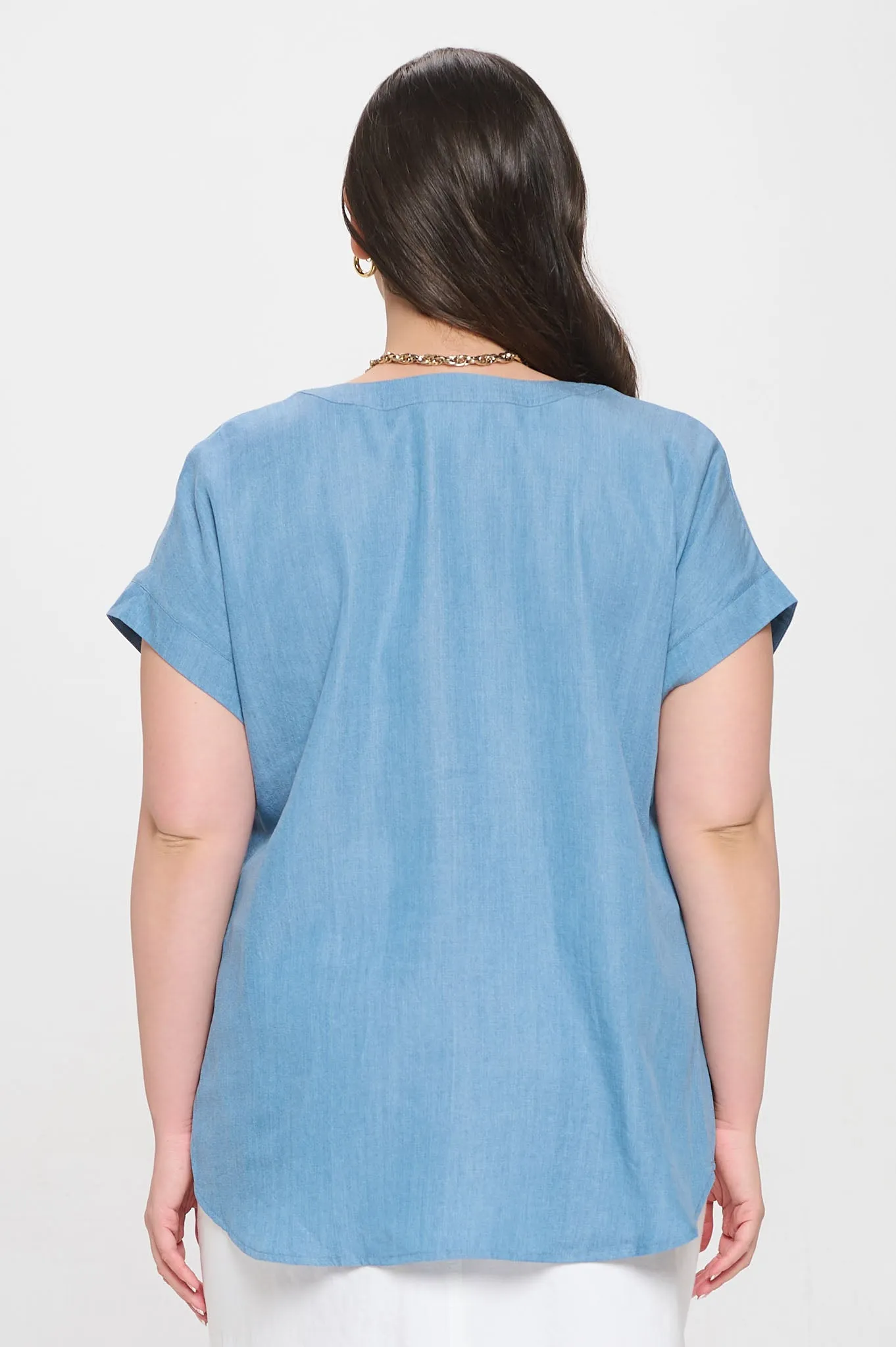PLUS CHAMBRAY SPLIT NECK SHORT SLEEVE BLOUSE sold by Blu Pepper product image thumbnail 2