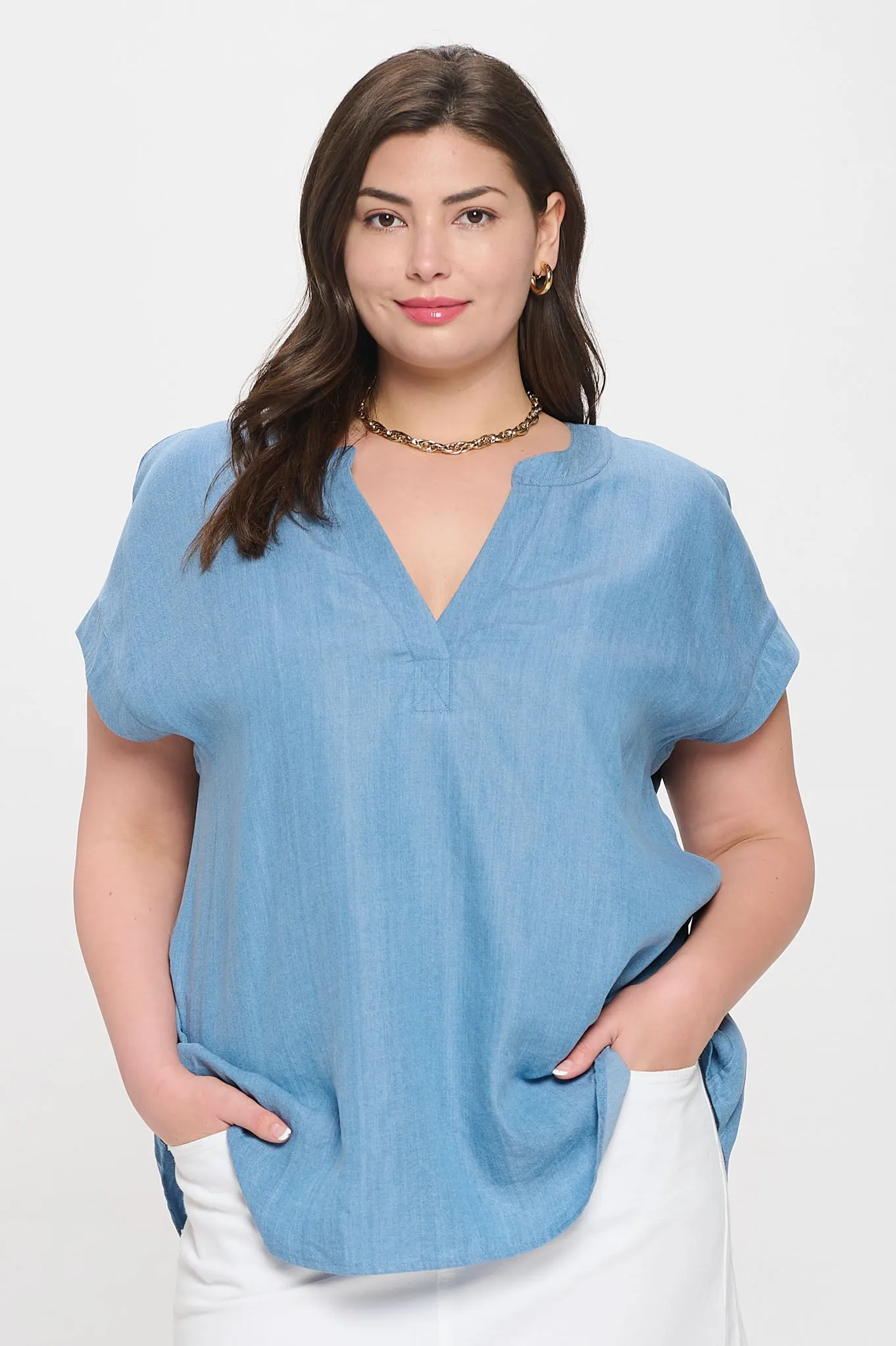 PLUS CHAMBRAY SPLIT NECK SHORT SLEEVE BLOUSE sold by Blu Pepper