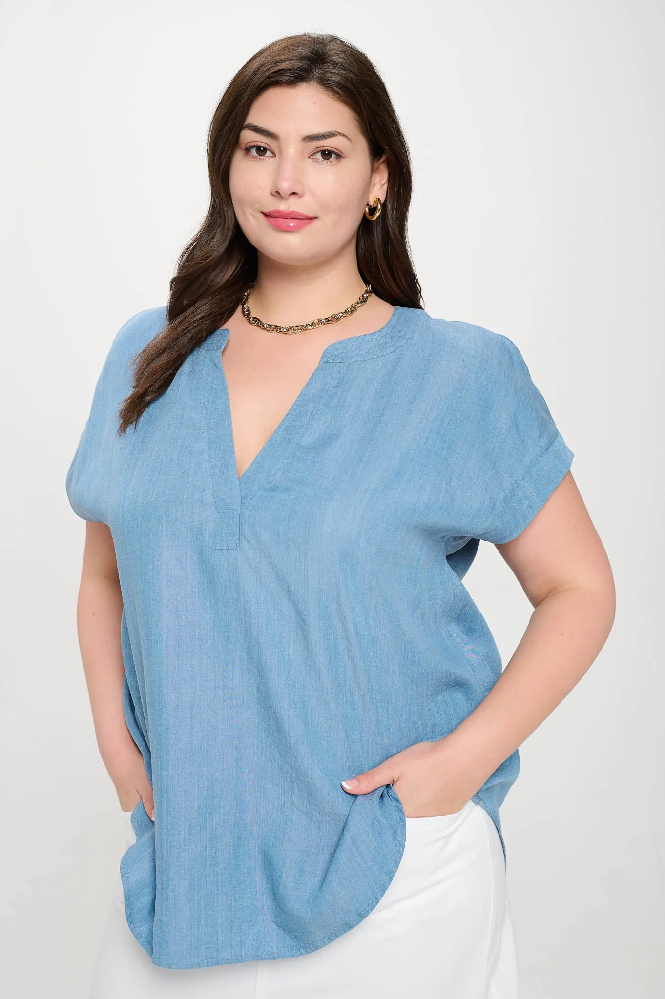 PLUS CHAMBRAY SPLIT NECK SHORT SLEEVE BLOUSE sold by Blu Pepper product image thumbnail 3