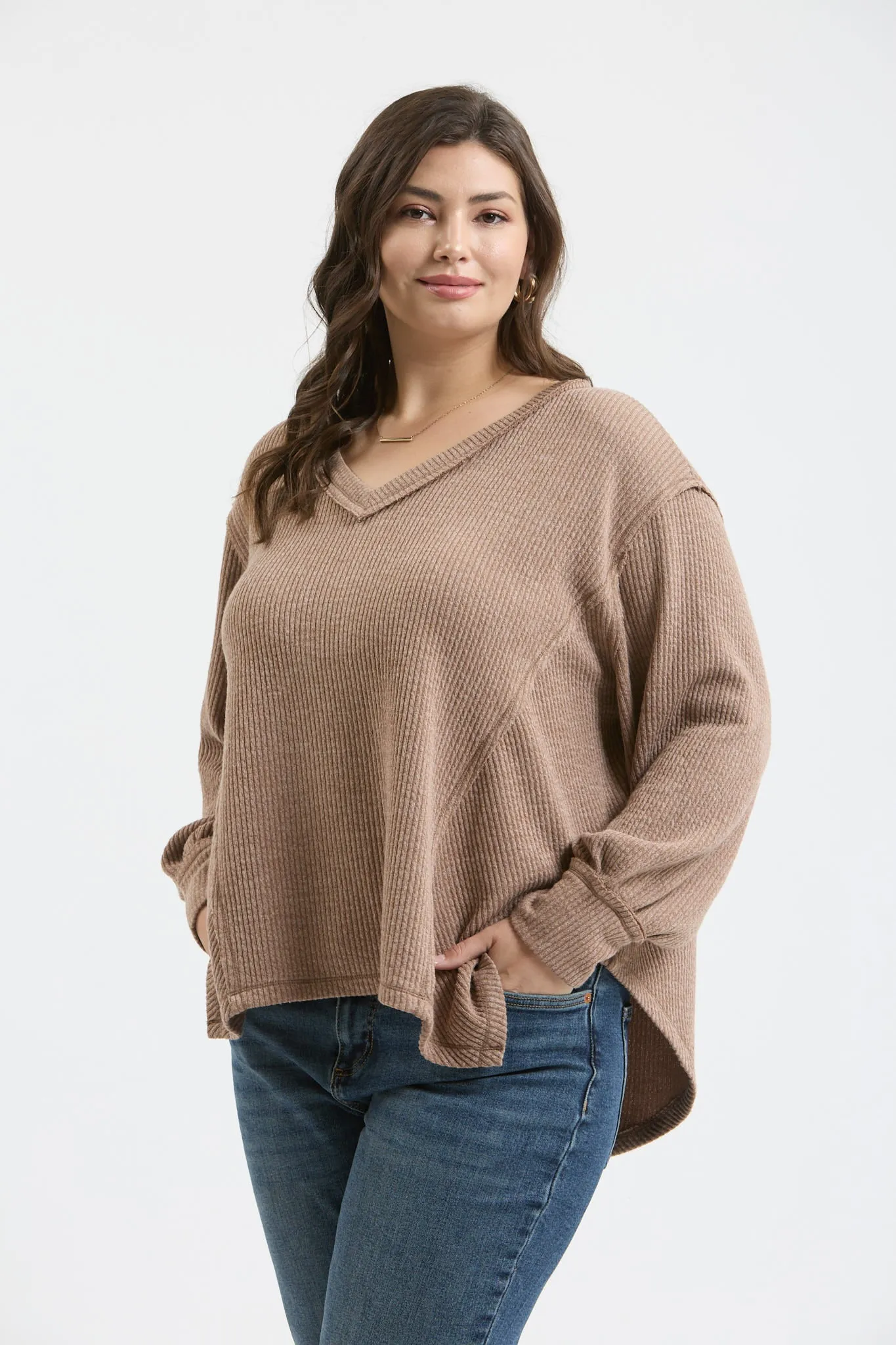 PLUS V NECK ASYMMETRICAL HEM LONG SLEEVE KNIT TOP sold by Blu Pepper product image thumbnail 3
