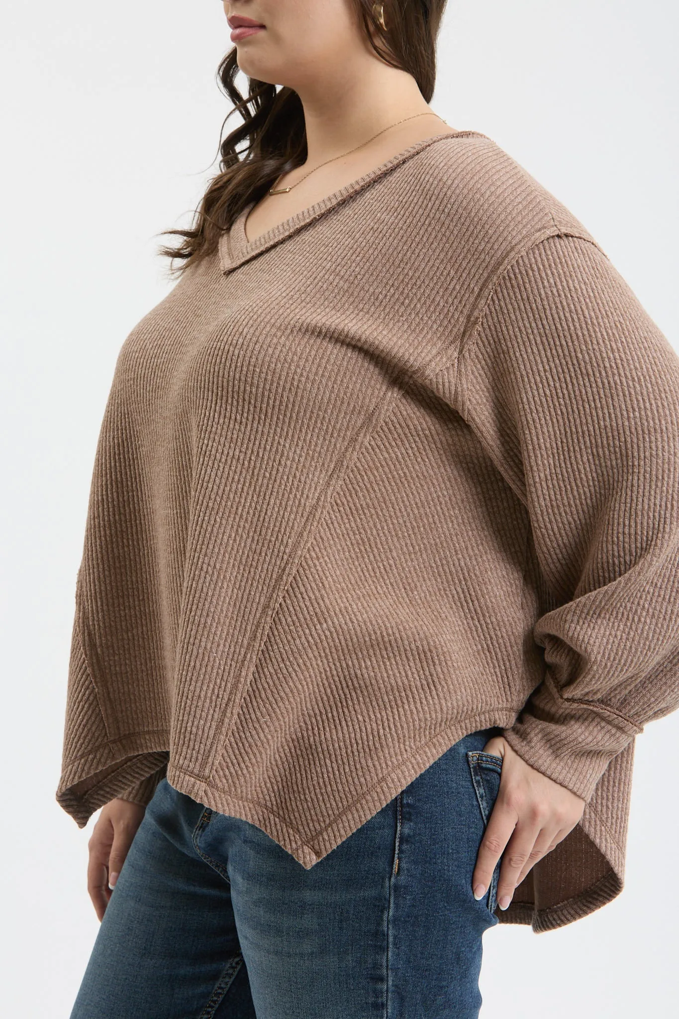 PLUS V NECK ASYMMETRICAL HEM LONG SLEEVE KNIT TOP sold by Blu Pepper product image thumbnail 4