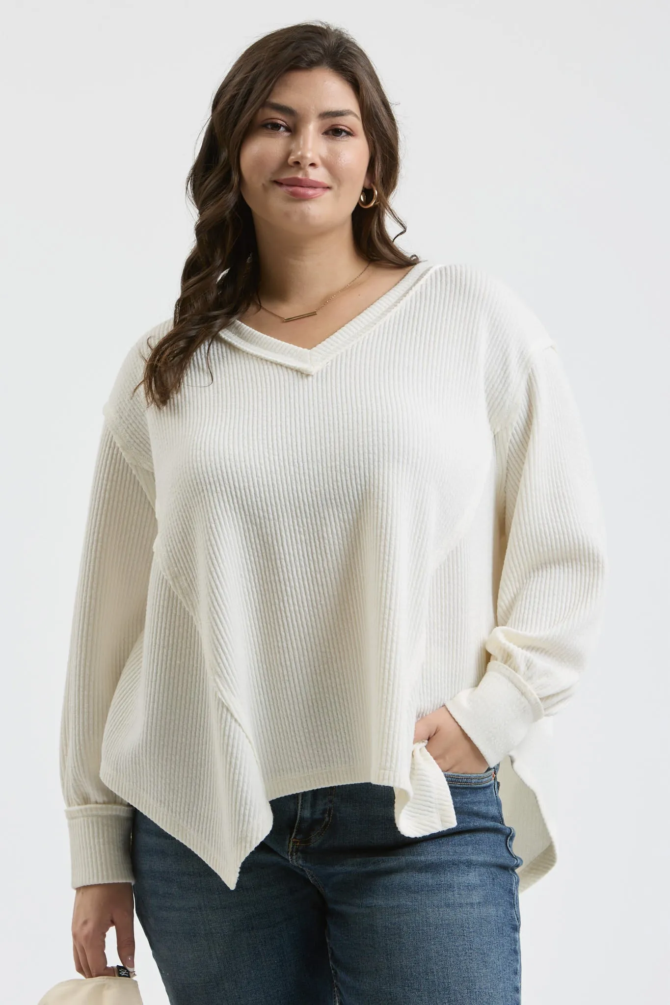 PLUS V NECK ASYMMETRICAL HEM LONG SLEEVE KNIT TOP sold by Blu Pepper product image thumbnail 5
