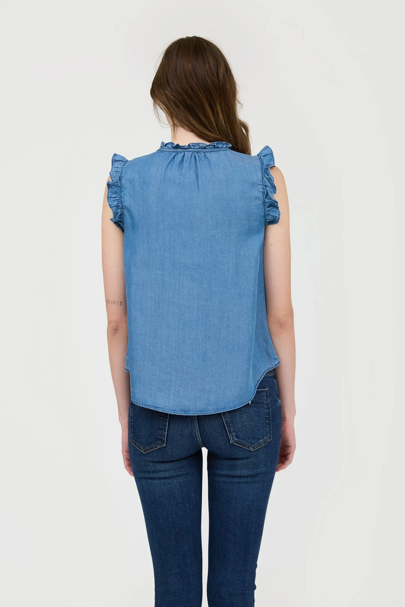 CHAMBRAY RUFFLE TIE FRONT SLEEVELESS BLOUSE sold by Blu Pepper product image thumbnail 2