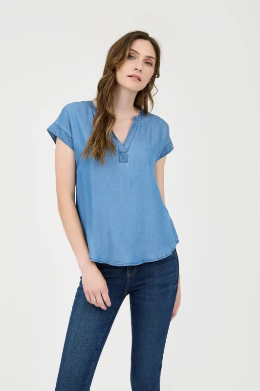 CHAMBRAY SPLIT NECK SHORT SLEEVE BLOUSE sold by Blu Pepper