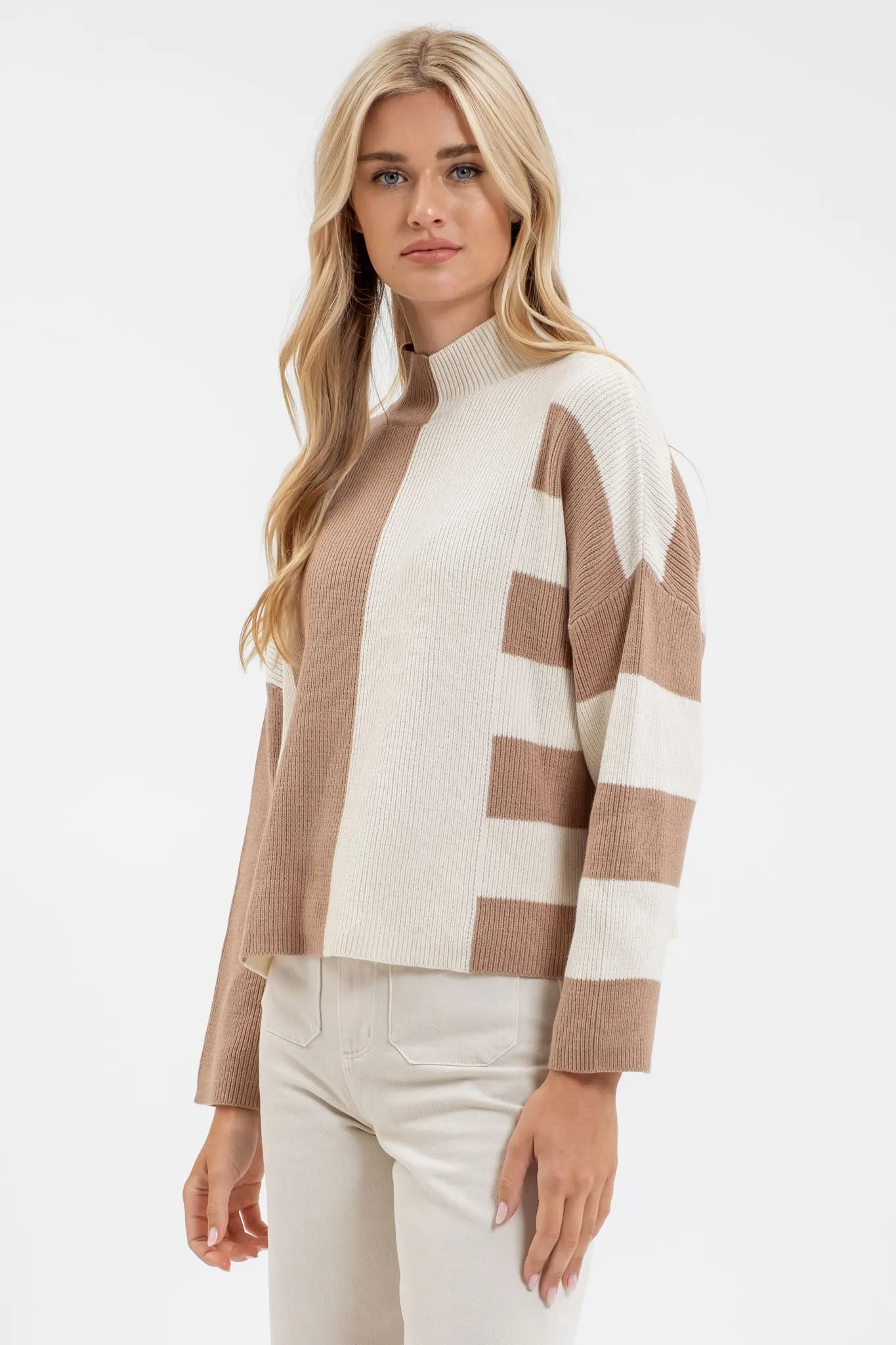STRIPE COLORBLOCK MOCK NECK KNIT SWEATER sold by Blu Pepper product image thumbnail 3
