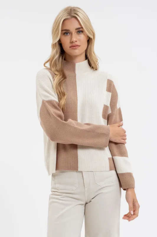 STRIPE COLORBLOCK MOCK NECK KNIT SWEATER sold by Blu Pepper