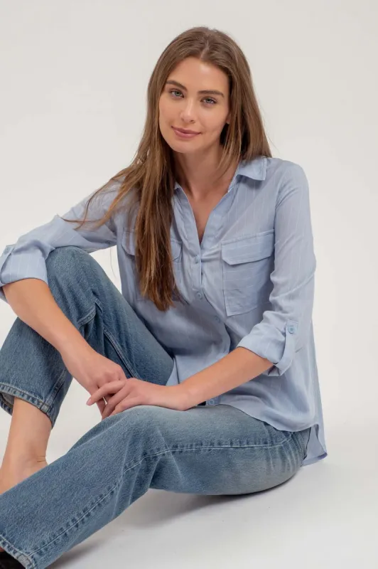 PINSTRIPE COLLARED 3/4 SLEEVE BUTTON DOWN SHIRT sold by Blu Pepper