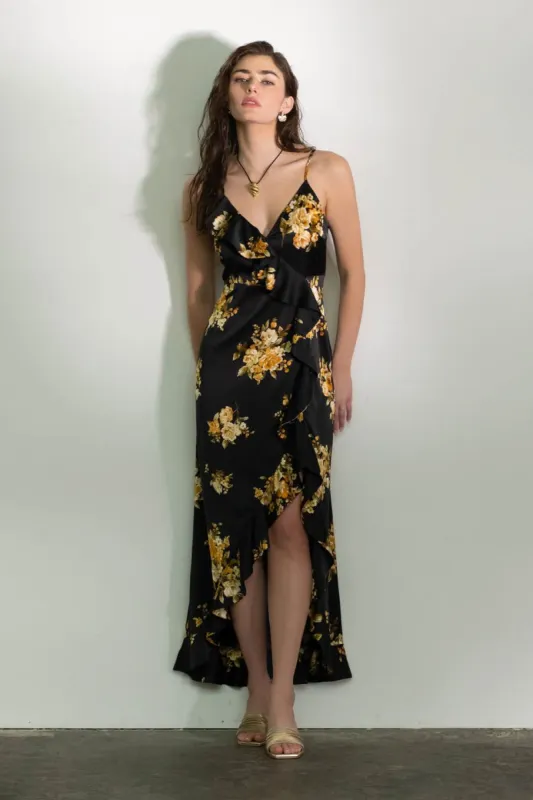 FLORAL SLEEVELESS RUFFLE WRAP MAXI DRESS sold by Blu Pepper