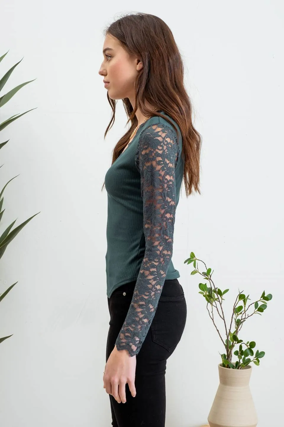 LACE TRIM V NECK LONG SLEEVE KNIT TOP sold by Blu Pepper product image thumbnail 3