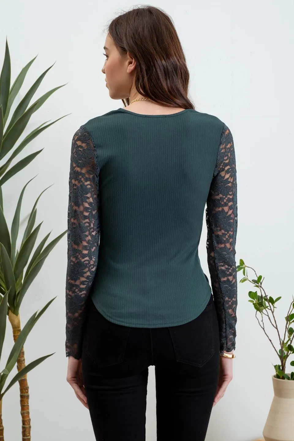 LACE TRIM V NECK LONG SLEEVE KNIT TOP sold by Blu Pepper product image thumbnail 2