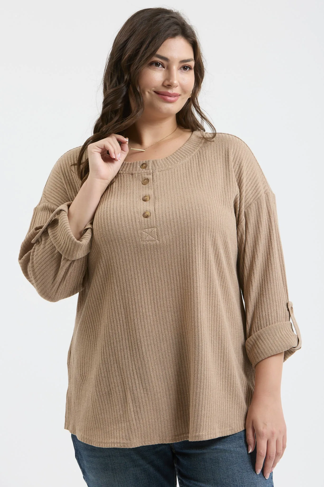 PLUS 3/4 TAB SLEEVE HENLEY KNIT TOP sold by Blu Pepper