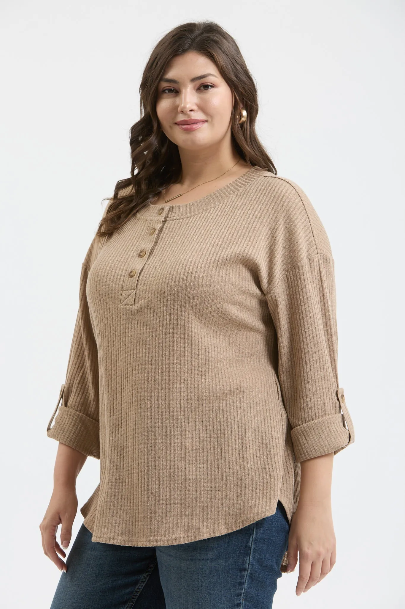 PLUS 3/4 TAB SLEEVE HENLEY KNIT TOP sold by Blu Pepper product image thumbnail 3