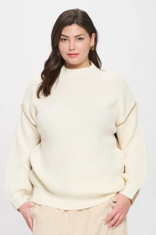 PLUS COLORBLOCK MOCK NECK EXPOSED SEAM KNIT SWEATER sold by Blu Pepper