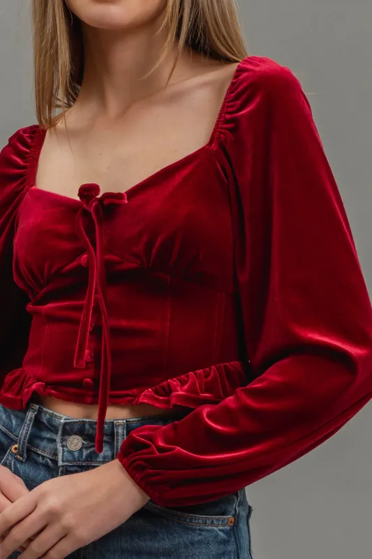 VELVET FRONT TIE BUTTON DOWN LONG SLEEVE CROP TOP sold by Blu Pepper