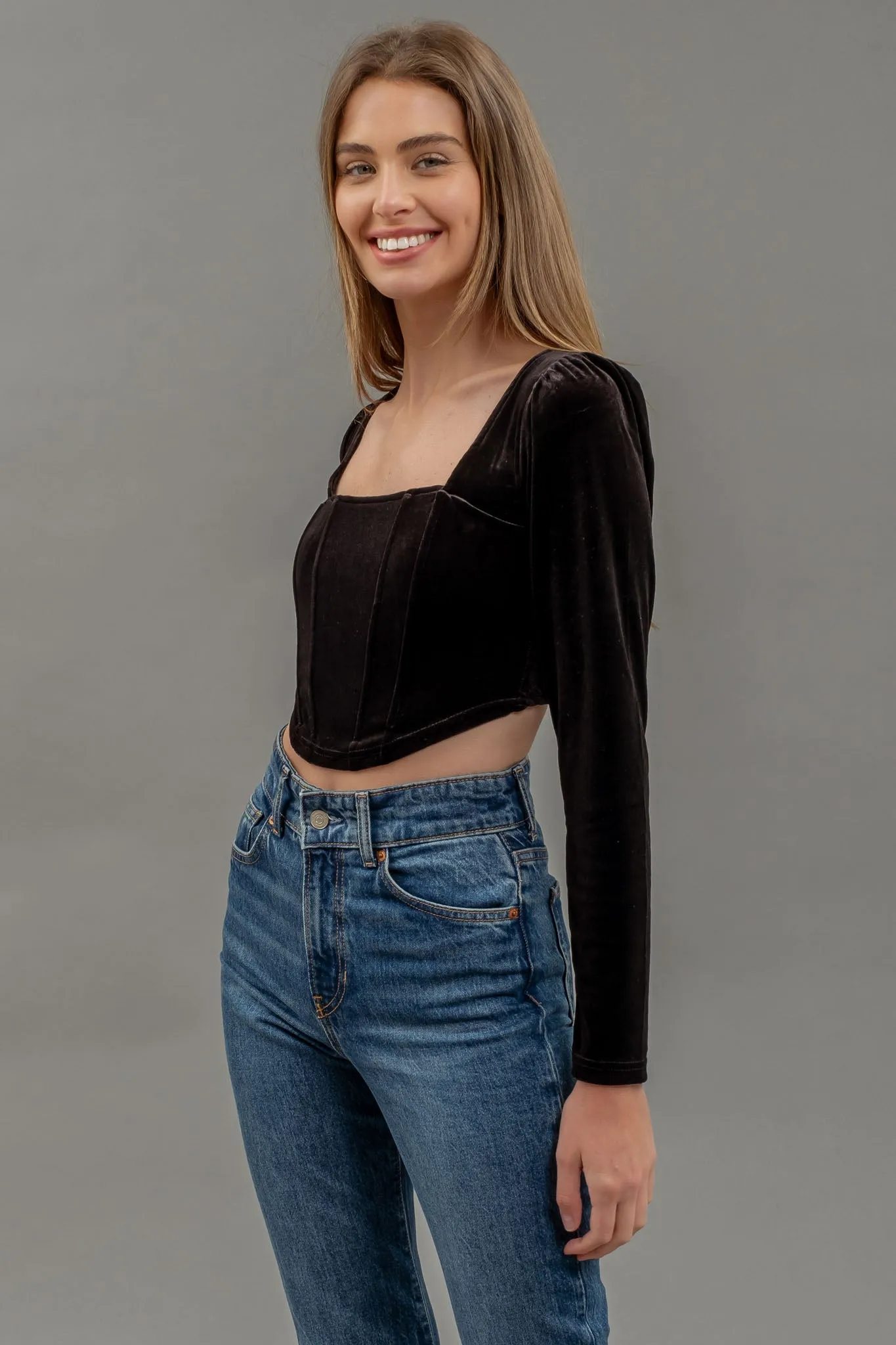 VELVET SQUARE NECK LONG SLEEVE CORSET CROP TOP sold by Blu Pepper product image thumbnail 3