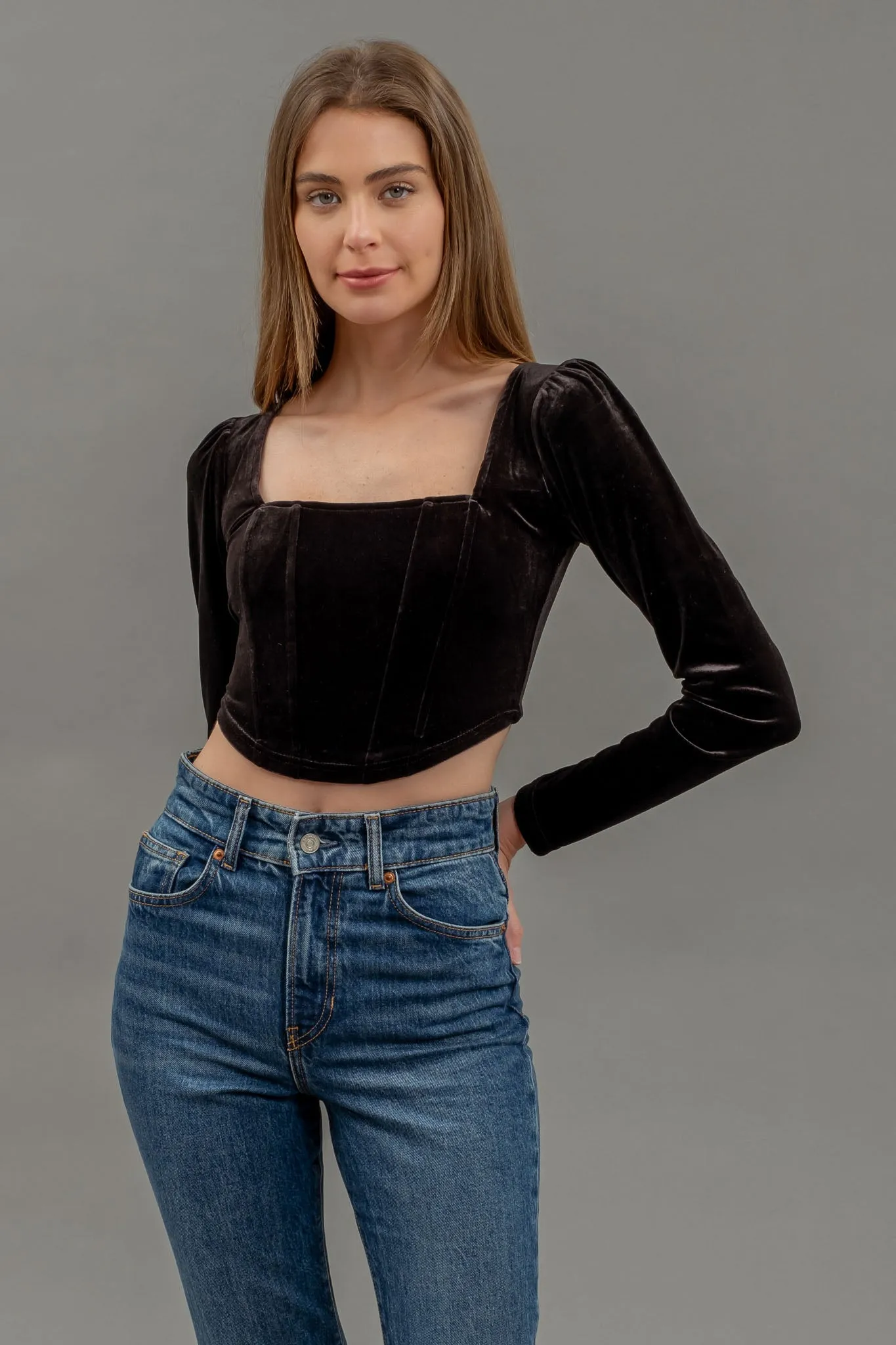 VELVET SQUARE NECK LONG SLEEVE CORSET CROP TOP sold by Blu Pepper