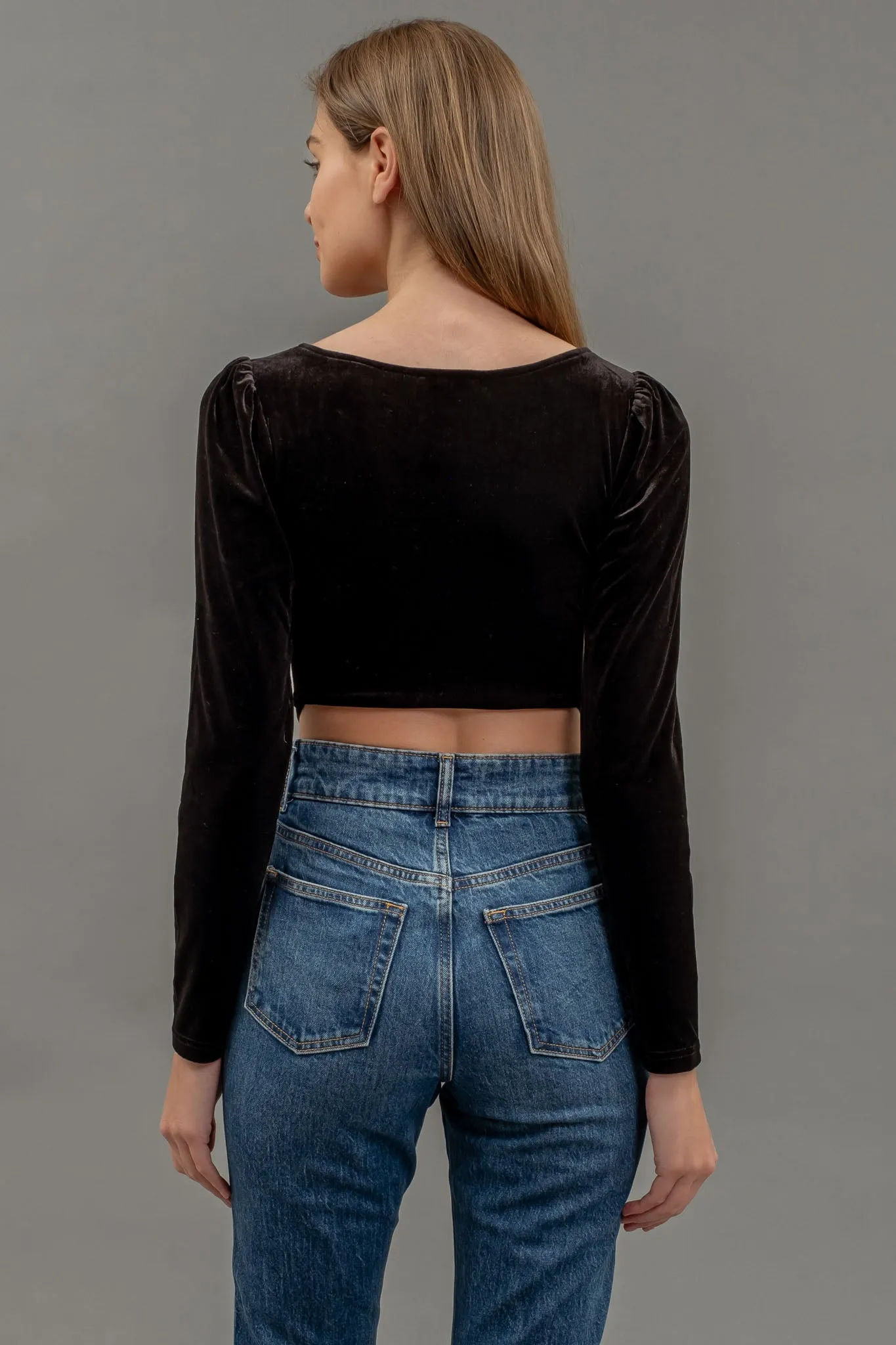 VELVET SQUARE NECK LONG SLEEVE CORSET CROP TOP sold by Blu Pepper product image thumbnail 2