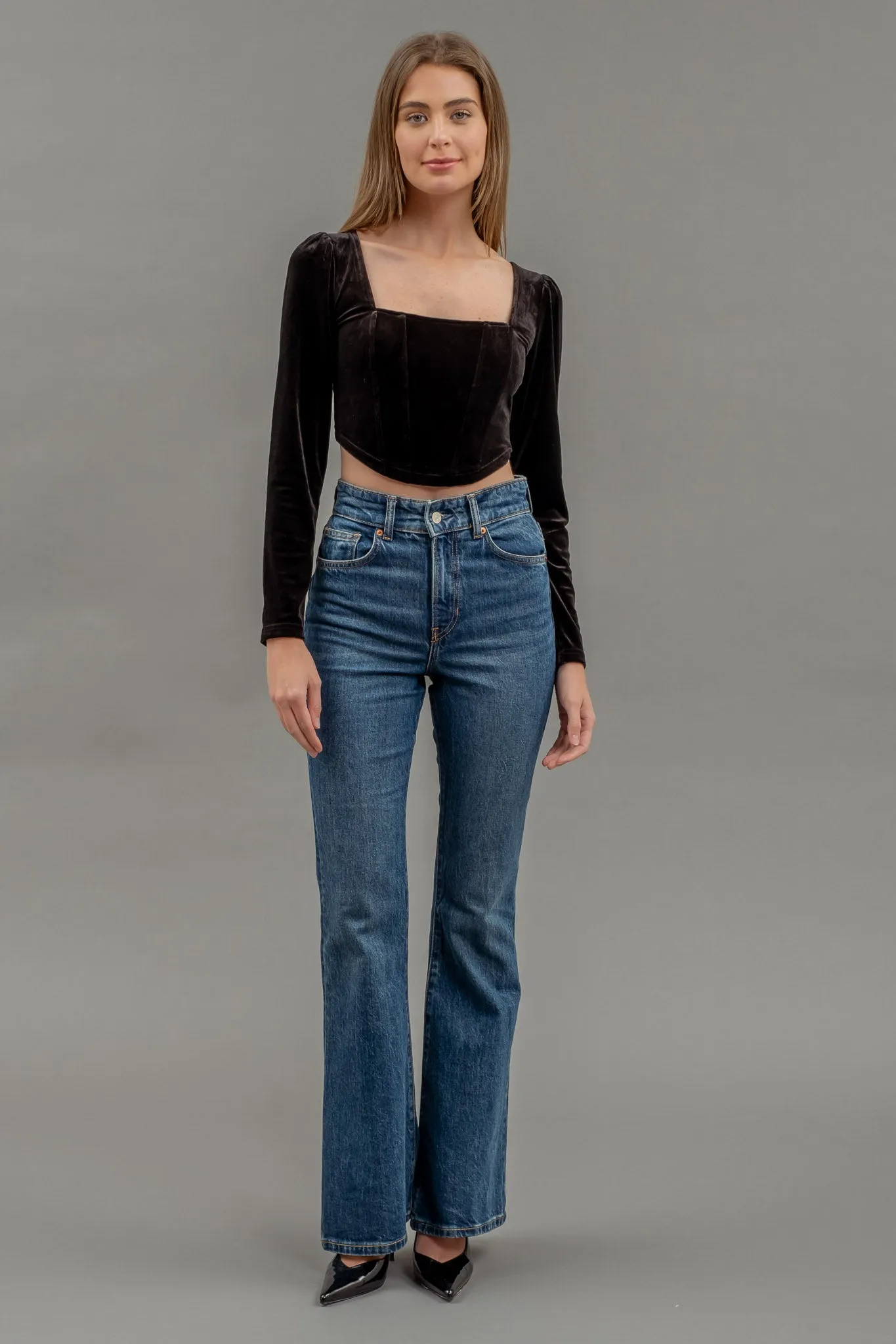 VELVET SQUARE NECK LONG SLEEVE CORSET CROP TOP sold by Blu Pepper product image thumbnail 5